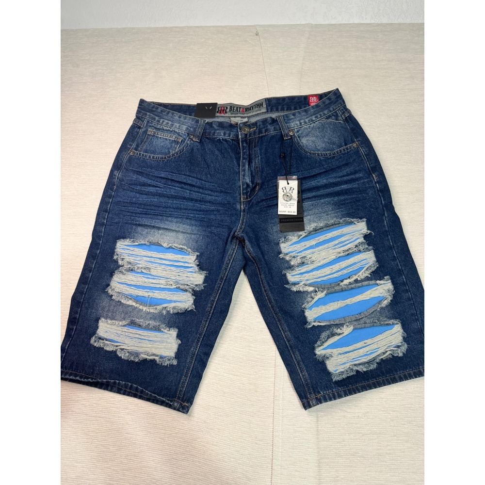 Beat & Rhythm Mens Distressed Denim Shorts Indigo Blue Ripped Size 38 DP258